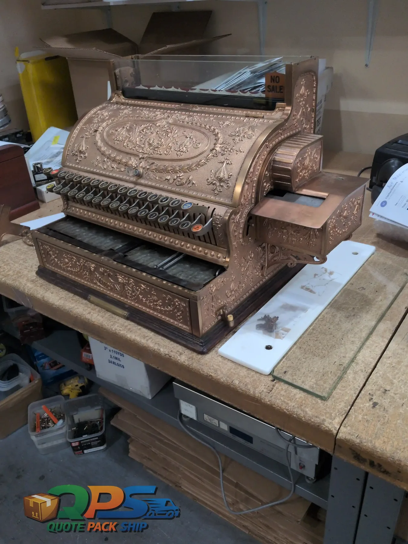 Antique cash register reviewed before packing by Quote Pack Ship