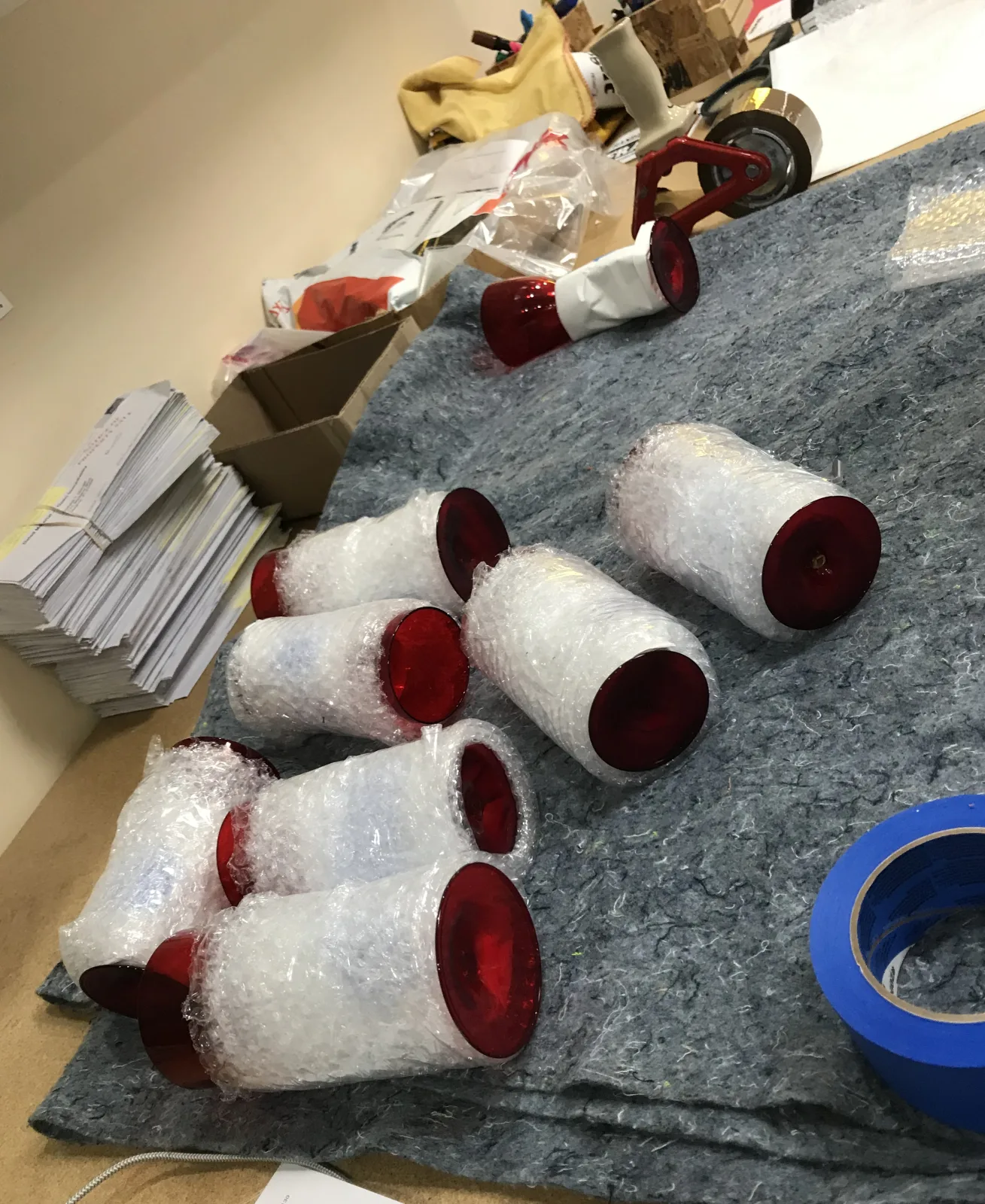 Decorative glass pieces individually wrapped for safe packing